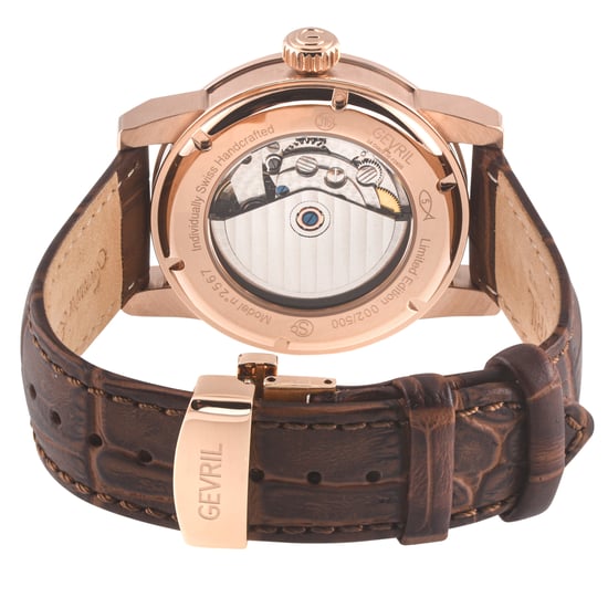 Gevril Men's Madison 316L Stainless Steel IPRG Case, Silver/Black Dial, Brown Handmade Leather Strap - Image 2