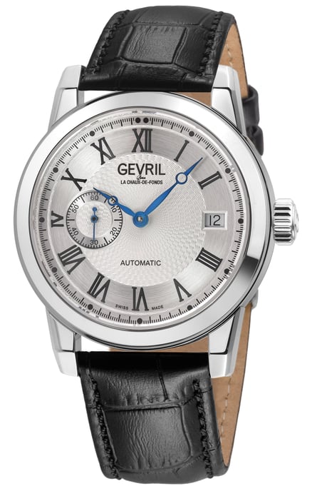 Gevril Men's Madison 316L Stainless Steel Case, Silver/Black Dial, Black Handmade Italian Leather Strap. - Image 1
