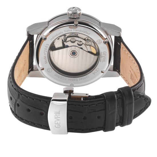 Gevril Men's Madison 316L Stainless Steel Case, Silver/Black Dial, Black Handmade Italian Leather Strap. - Image 2