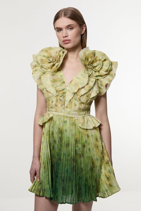 Tall Crinkle Pleat Border Print Mini Dress With Rosette Detail - Image 1