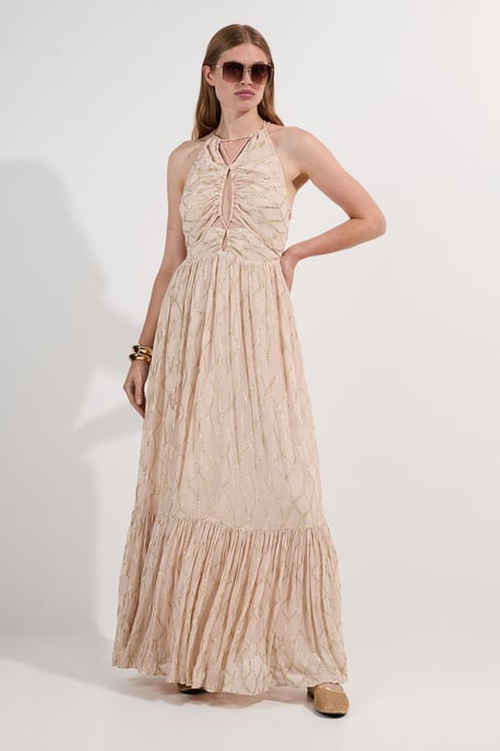 Viscose Metallic Georgette Halter Woven Maxi Dress - Image 1
