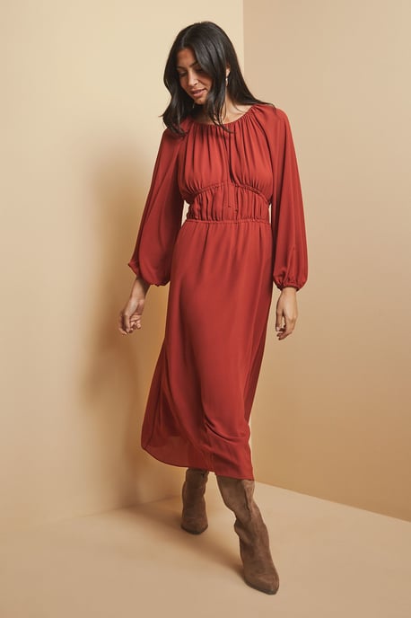 Woven Tie Front Waist Detail Midi Dress - Image 1
