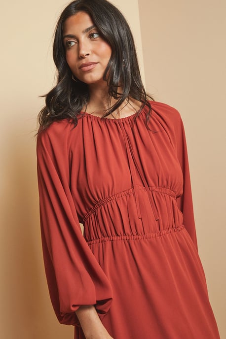 Woven Tie Front Waist Detail Midi Dress - Image 3