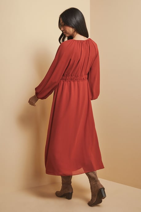 Woven Tie Front Waist Detail Midi Dress - Image 4