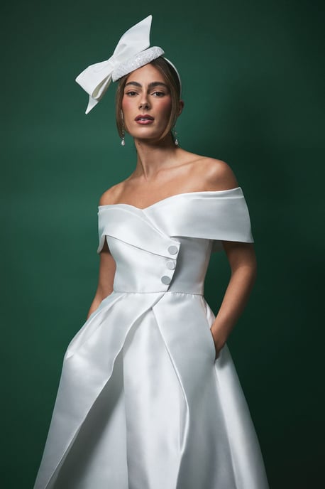 Lisa Tan Twill Bardot Waisted Midi Wedding Dress - Image 2