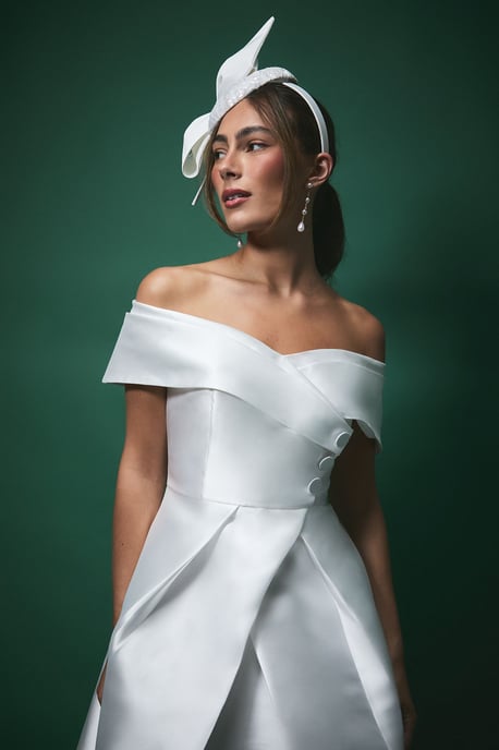 Lisa Tan Twill Bardot Waisted Midi Wedding Dress - Image 4