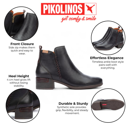 Pikolinos Dames Zwarte Leren Enkellaarsjes met Ritshak - Malaga - Image 2