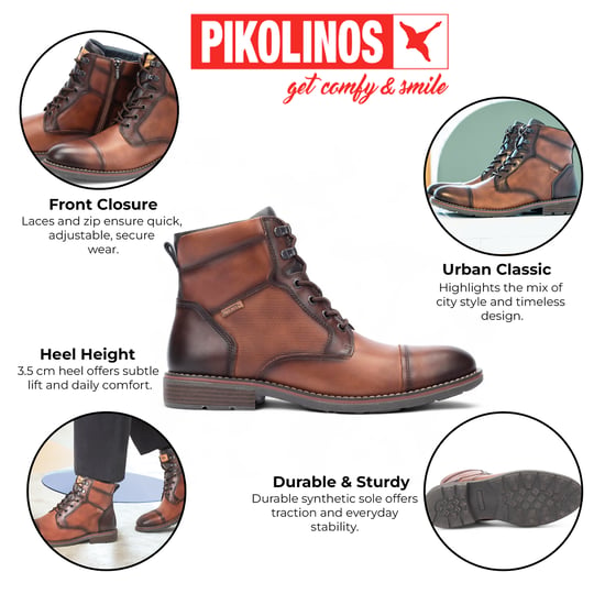 Pikolinos Heren Cuero Bruine Leren Enkellaarsjes met Rits en Vetersluiting - York - Image 2