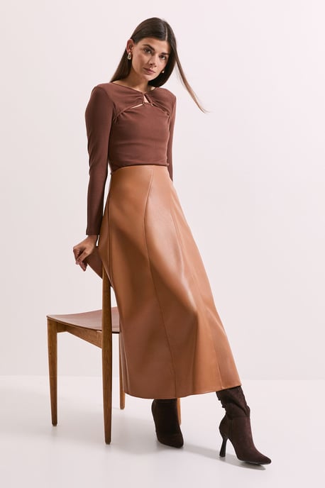 Mocha Buckle Detail Ribbed Jersey Top - Image 1