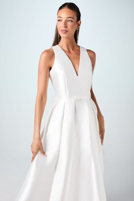 Plunge Neck Bow Waist Midi Dress With Pockets - Image 2