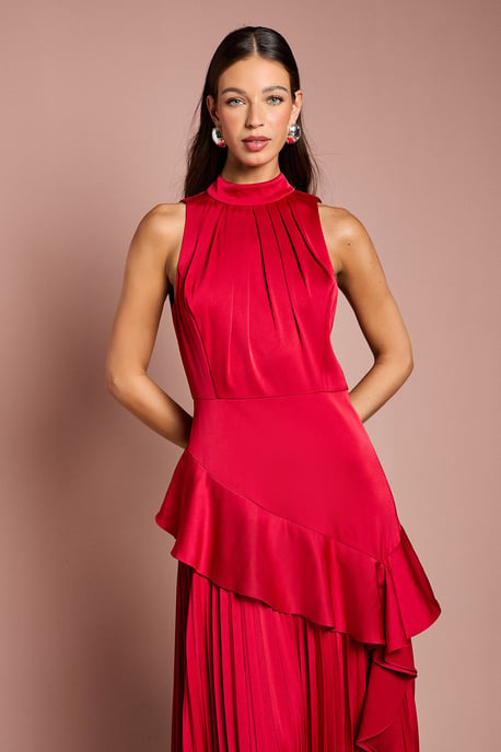 Sleeveless Ruffle Pleat Satin Back Crepe Dress - Image 2