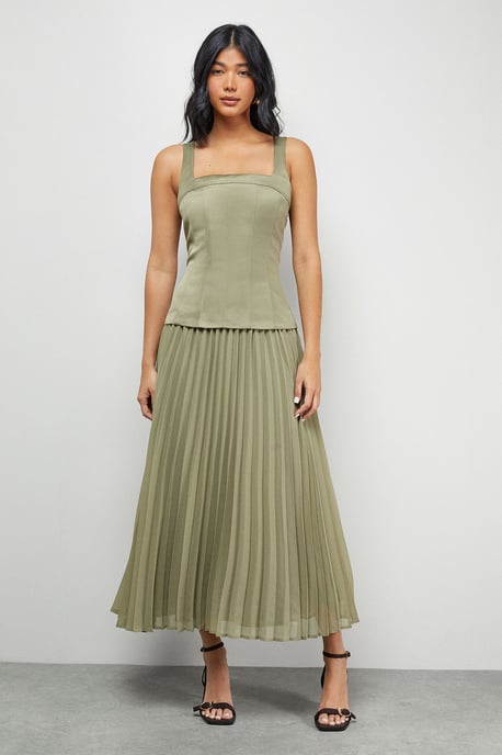 Satin Fitted Bodice Chiffon Pleated Skirt Midi Dress - Image 1