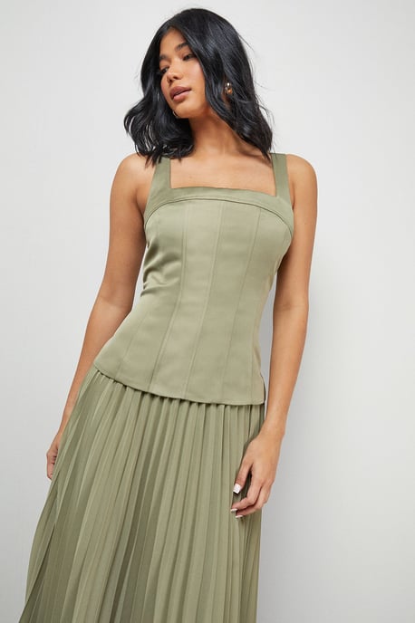 Satin Fitted Bodice Chiffon Pleated Skirt Midi Dress - Image 2