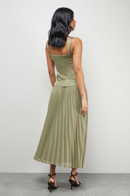 Satin Fitted Bodice Chiffon Pleated Skirt Midi Dress - Image 3