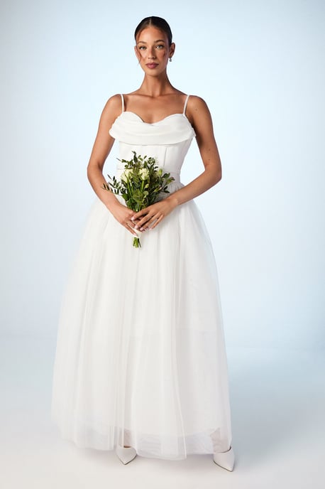 Cowl Neck Corset Satin Wedding Dress - Image 1