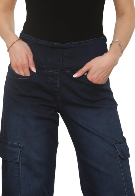 MYT Womens Tummy Control Wide Leg Cargo Jeans in Dark Stonewash - Image 4