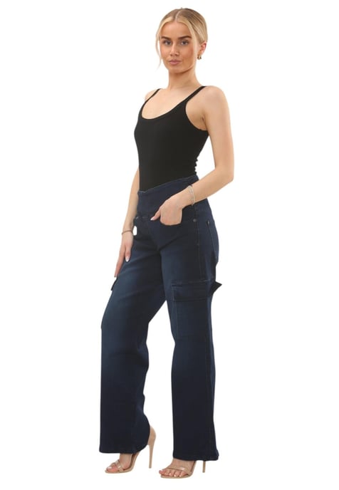 MYT Womens Tummy Control Wide Leg Cargo Jeans in Dark Stonewash - Image 6