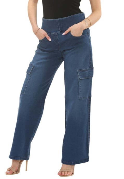 MYT Womens Tummy Control Wide Leg Cargo Jeans in Mid Blue - Image 1