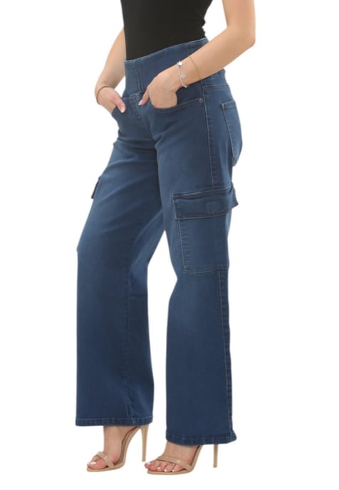 MYT Womens Tummy Control Wide Leg Cargo Jeans in Mid Blue - Image 2