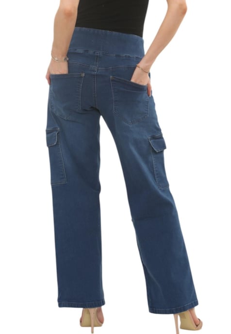 MYT Womens Tummy Control Wide Leg Cargo Jeans in Mid Blue - Image 3