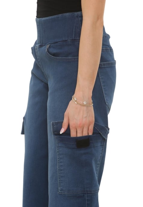 MYT Womens Tummy Control Wide Leg Cargo Jeans in Mid Blue - Image 5