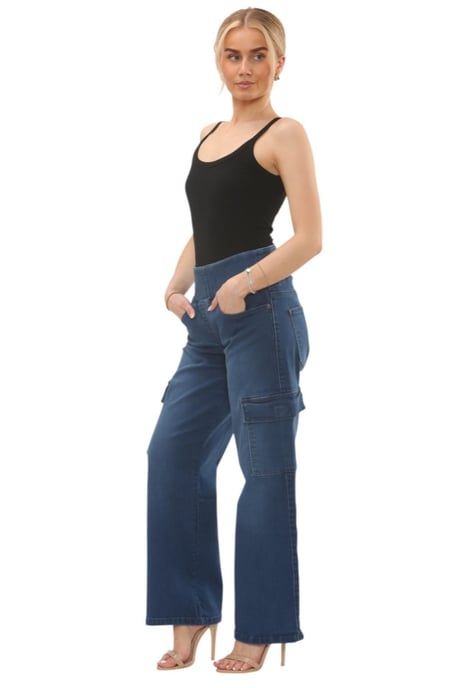 MYT Womens Tummy Control Wide Leg Cargo Jeans in Mid Blue - Image 6