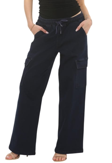 Womens Easticated Wasit Wide Leg Cargo Pocket Jeans in Dark Stonewash - Image 1