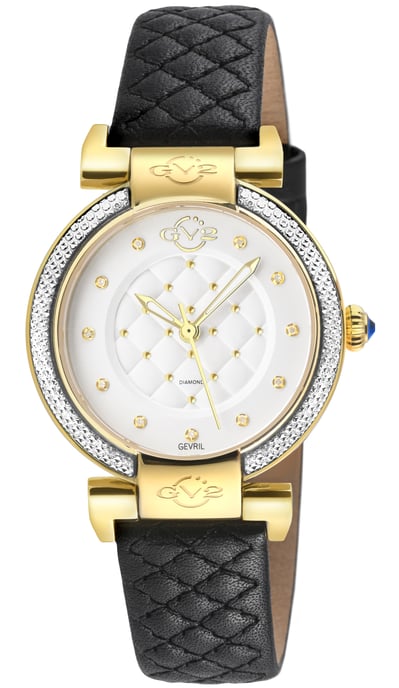 GV2 Berletta Women's 316L Stainless Steel IPYG Case, White Dial, Black Handmade Quilted Leather Strap. - Image 1