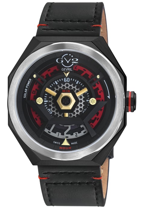 Stella Solar Power Black/Red/GP Dial, Black/Red Handmade Italian Leather Watch - Image 1