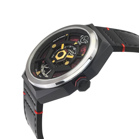 Stella Solar Power Black/Red/GP Dial, Black/Red Handmade Italian Leather Watch - Image 3