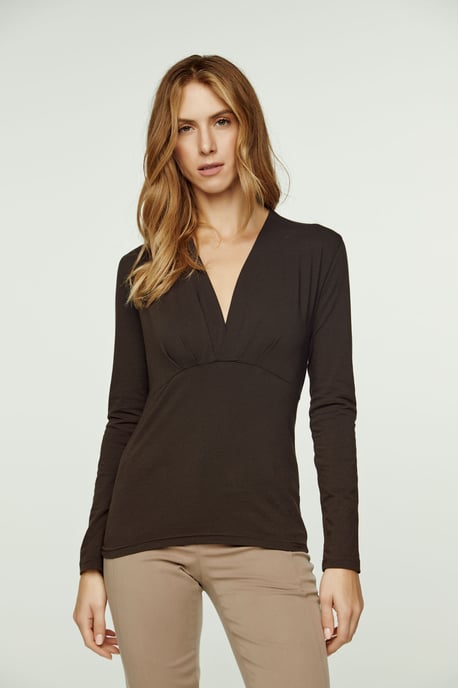 Deep V-Neck Long Sleeve Jersey Top in Chocolate Brown - Image 3