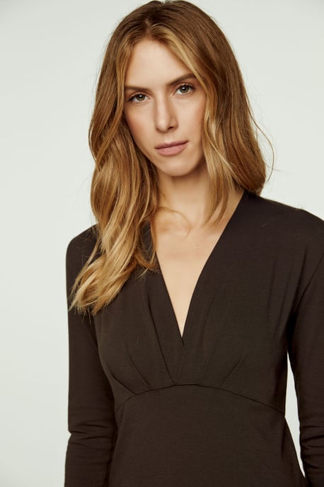 Deep V-Neck Long Sleeve Jersey Top in Chocolate Brown - Image 4