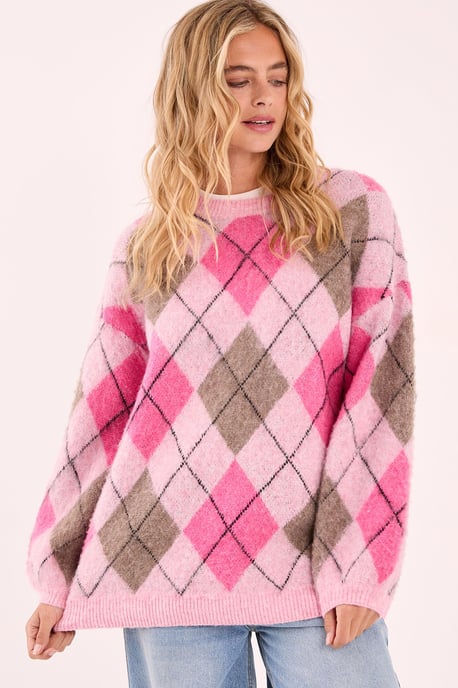 Brushed Argyle Ballon Sleeve Oversized Jumper - Image 1