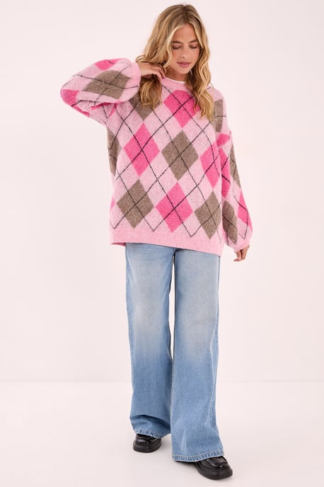 Brushed Argyle Ballon Sleeve Oversized Jumper - Image 2