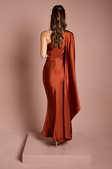 One Shoulder Satin Maxi Bridesmaids Dress With Gold Trim - Image 3