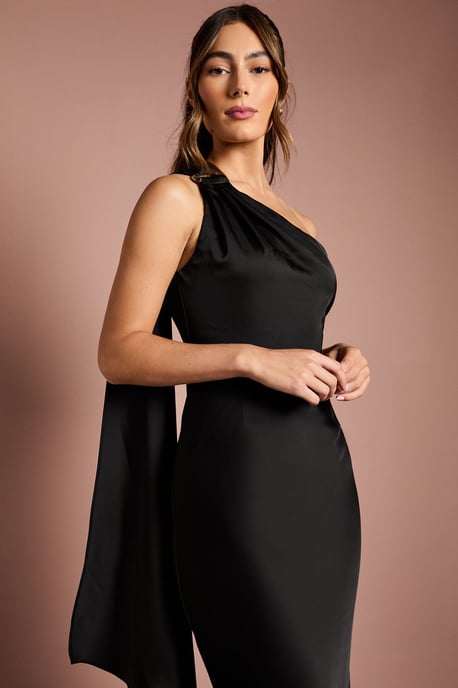 One Shoulder Satin Maxi Bridesmaids Dress With Gold Trim - Image 2