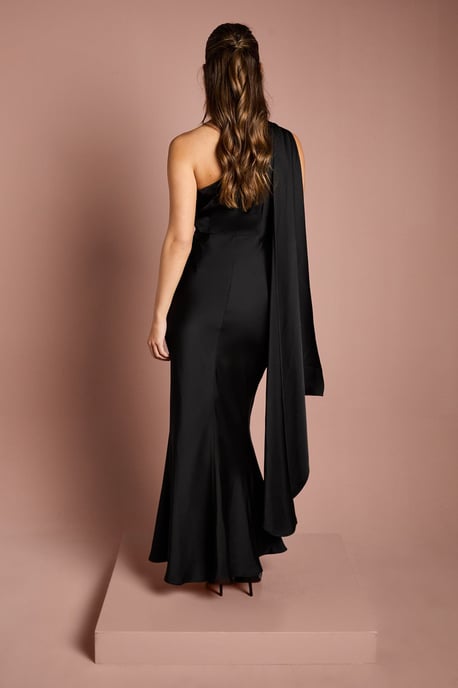 One Shoulder Satin Maxi Bridesmaids Dress With Gold Trim - Image 3