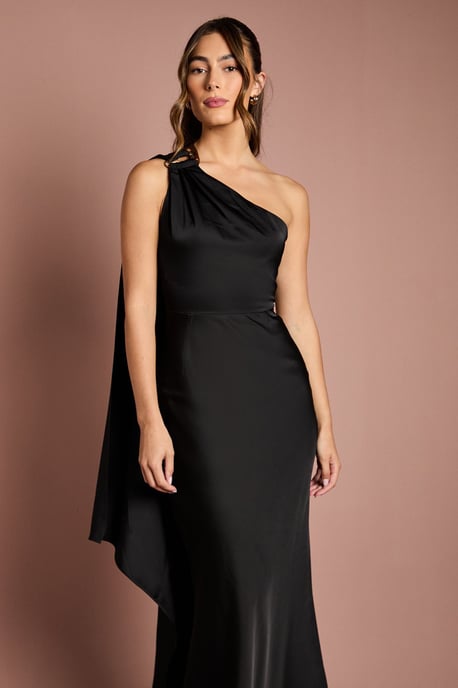 One Shoulder Satin Maxi Bridesmaids Dress With Gold Trim - Image 4
