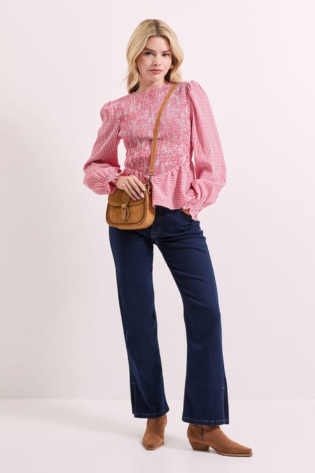 Gingham Shirred Bodice Blouson Sleeve Peplum Top - Image 1