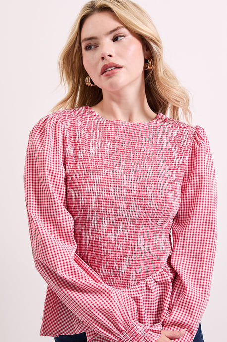 Gingham Shirred Bodice Blouson Sleeve Peplum Top - Image 3