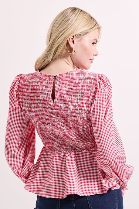 Gingham Shirred Bodice Blouson Sleeve Peplum Top - Image 4