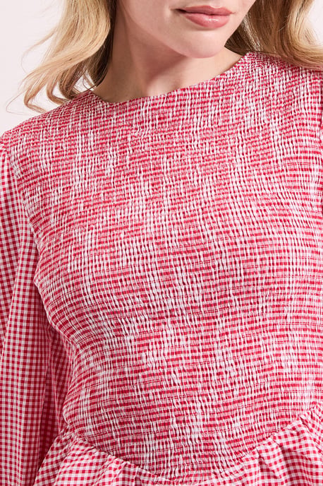 Gingham Shirred Bodice Blouson Sleeve Peplum Top - Image 5