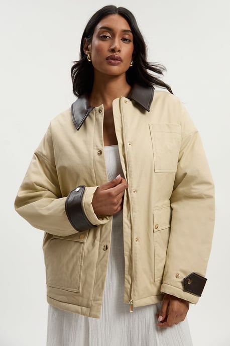 Quilted Contrast Collar Barn Jacket - Image 3