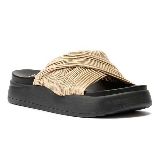 Desert Fleur Gabbro Pleated Satin Women's Gold Sandals - Image 2