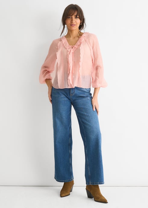 Long Sleeeves Tie Detail Ruffle Blouse - Image 1