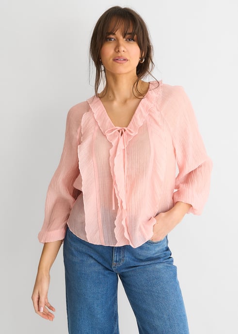 Long Sleeeves Tie Detail Ruffle Blouse - Image 2