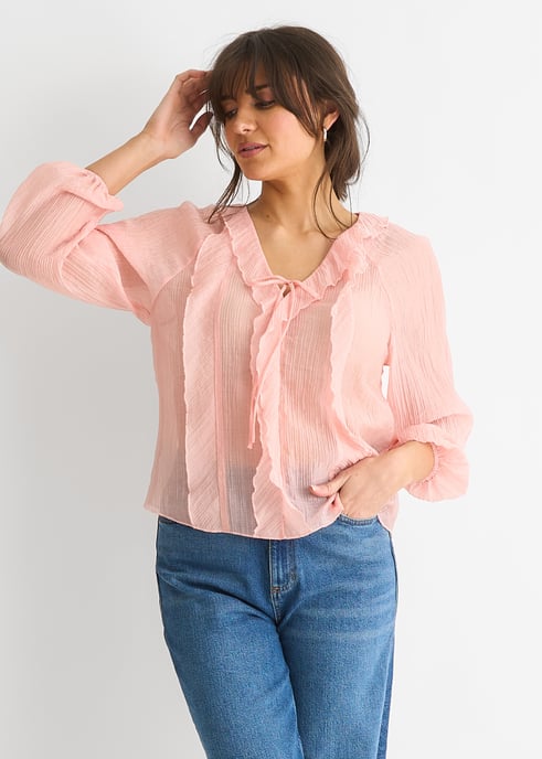Long Sleeeves Tie Detail Ruffle Blouse - Image 3