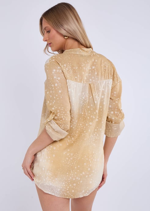 Beige Denim Look Roll Up Sleeves Oversized Top - Image 4