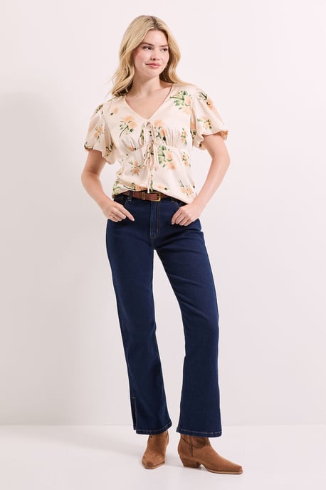 Floral Tie Front Button Up Puff Sleeve Top - Image 1