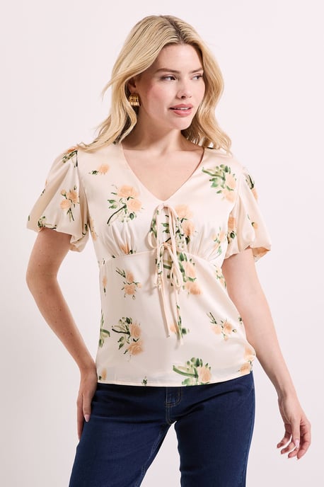 Floral Tie Front Button Up Puff Sleeve Top - Image 2